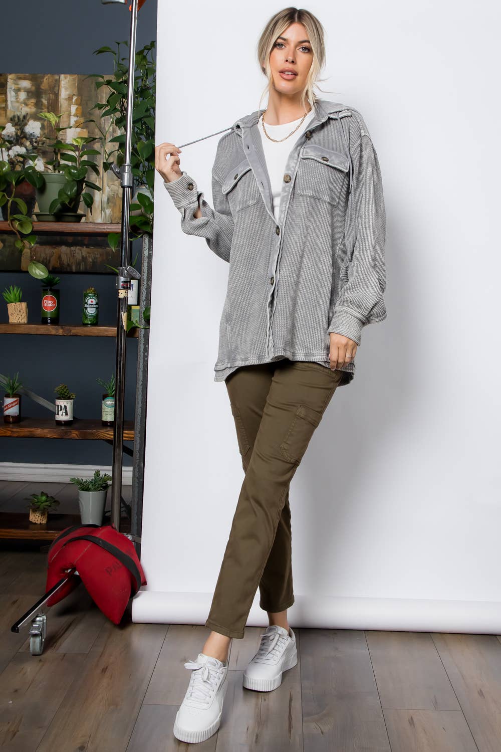 Garment Dye Heavy Waffle Knit Hoodie Shacket: Olive / L