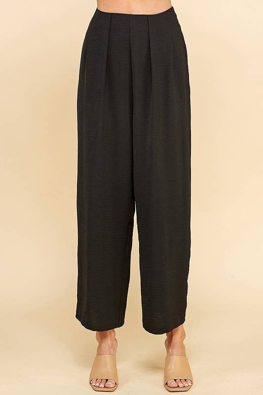 CSP9082. WOMEN STRAIGHT LEG ANKLE LENGTH TEXTURE LONG PANTS: Black / M