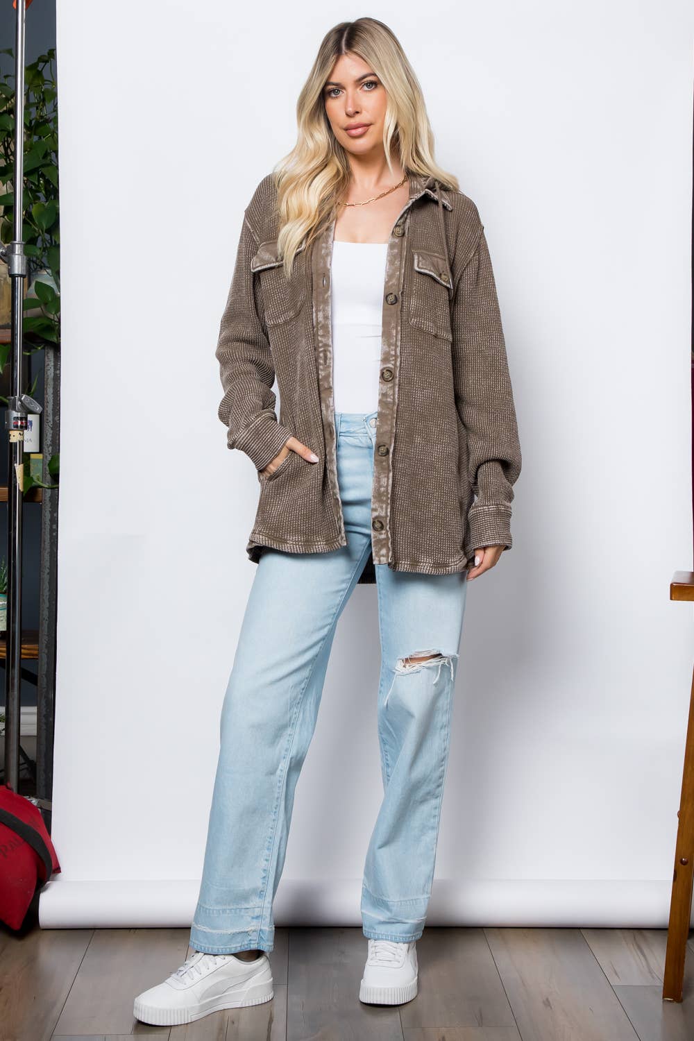 Garment Dye Heavy Waffle Knit Hoodie Shacket: Tan / M