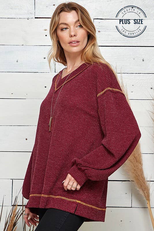 PLUS KNIT SOLID LONG SLEEVE LOOSE WIDE NECK TOP: CAMEL / 2X