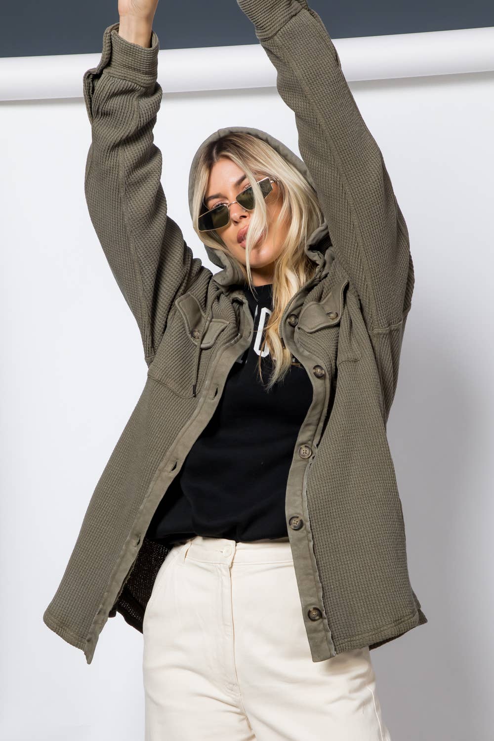 Garment Dye Heavy Waffle Knit Hoodie Shacket: Grey / L