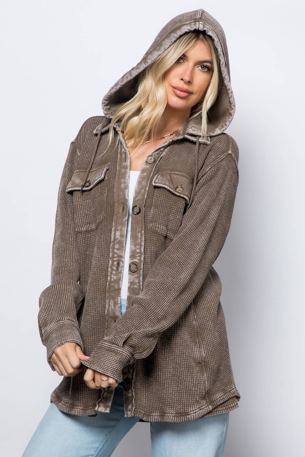 Garment Dye Heavy Waffle Knit Hoodie Shacket: Grey / XL