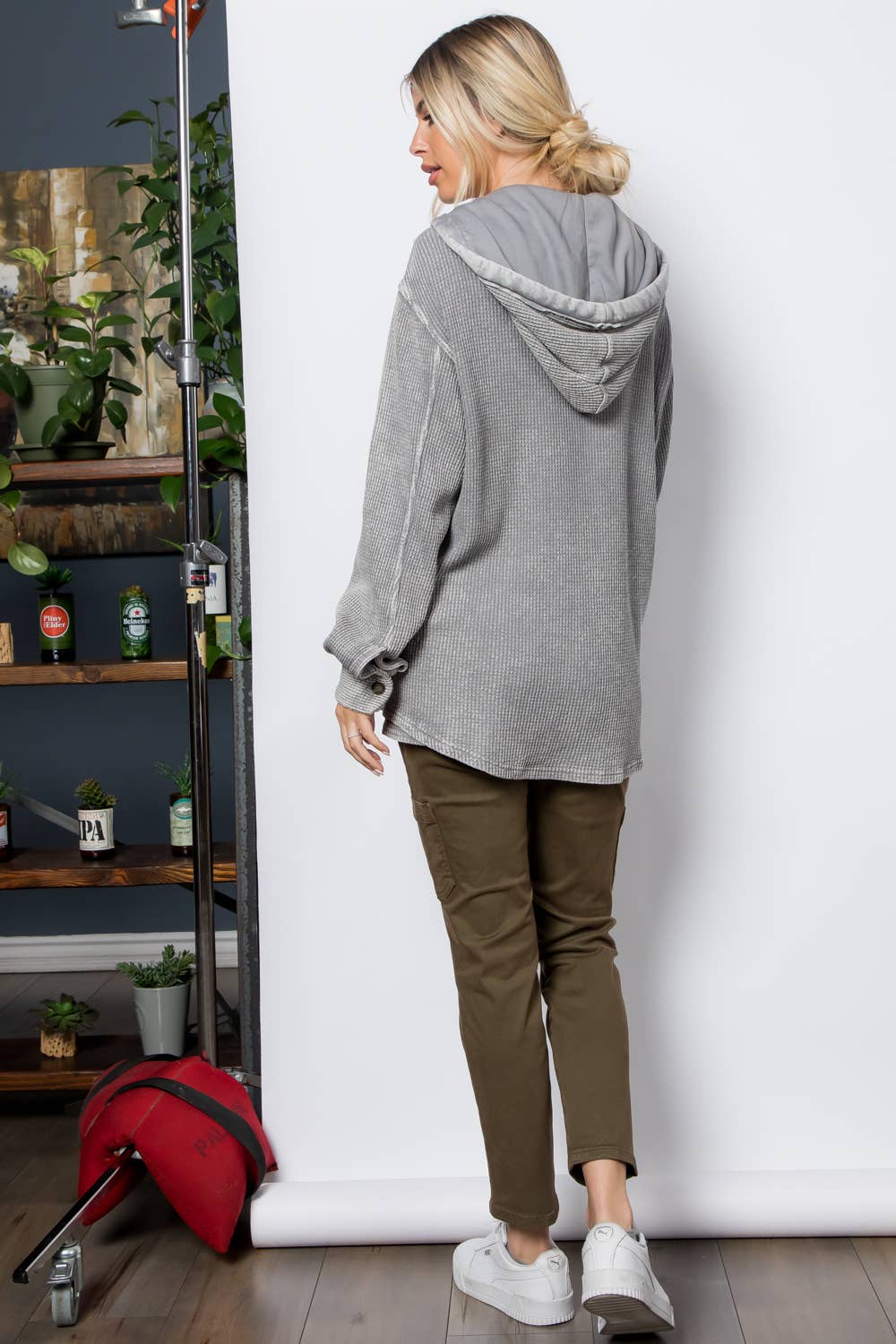 Garment Dye Heavy Waffle Knit Hoodie Shacket: Tan / M