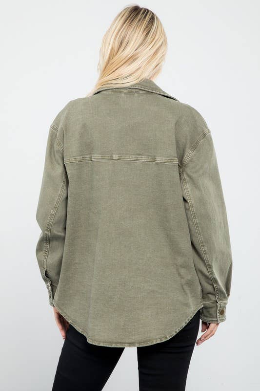 Garment Dye Denim Shacket: Olive / XL