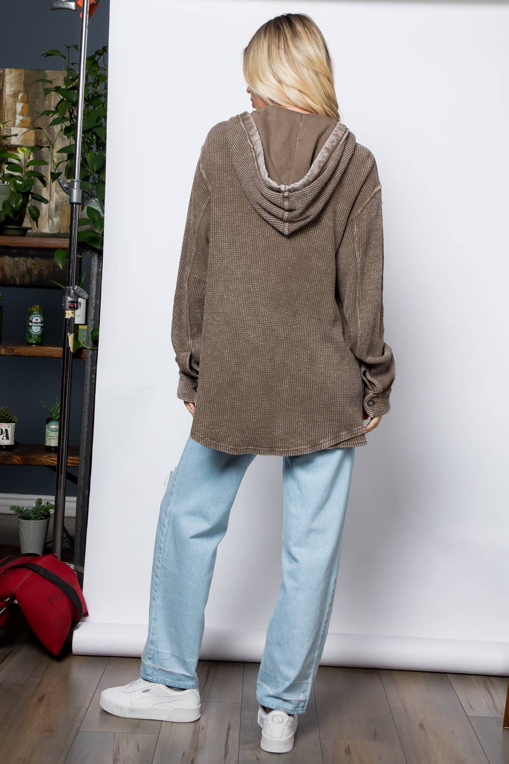 Garment Dye Heavy Waffle Knit Hoodie Shacket: Tan / M