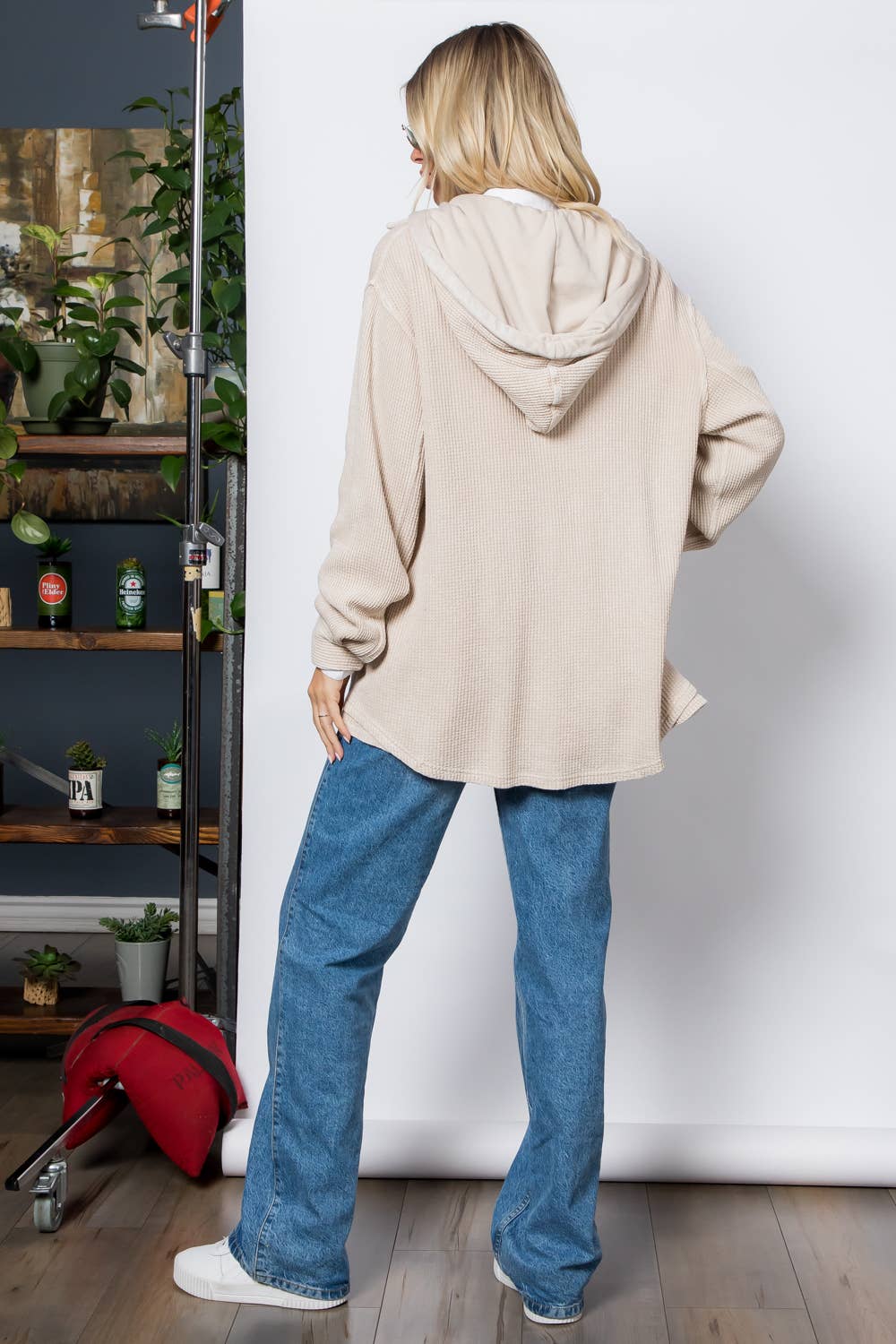 Garment Dye Heavy Waffle Knit Hoodie Shacket: Grey / XL