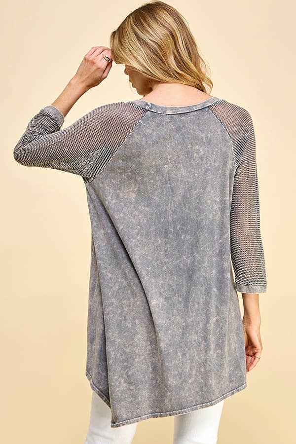 WOMEN MINERAL WASH FISHNET 3/4 SLEEVES LOOSE TOP: RUST / L