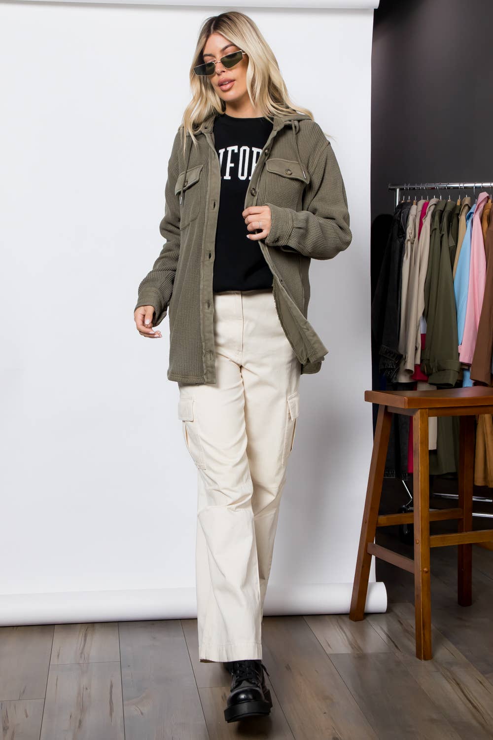 Garment Dye Heavy Waffle Knit Hoodie Shacket: Tan / M