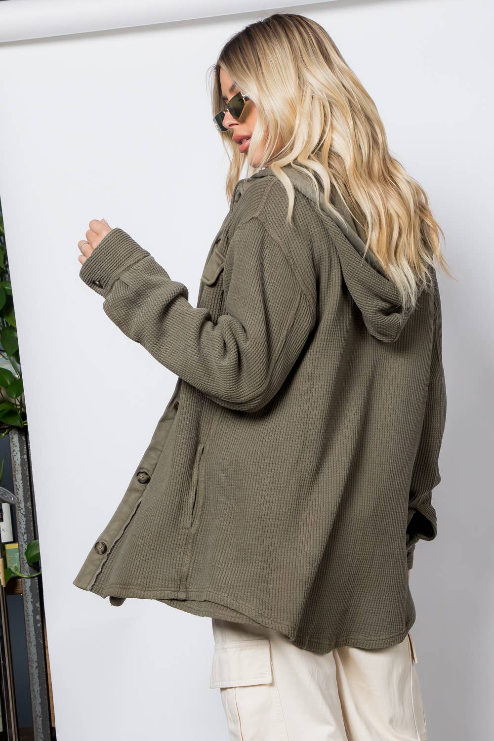 Garment Dye Heavy Waffle Knit Hoodie Shacket: Olive / XL