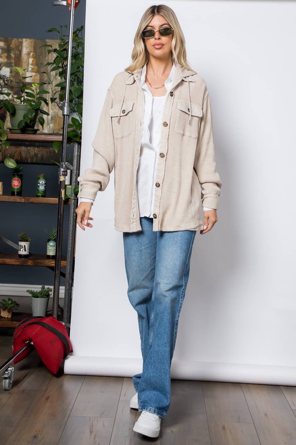 Garment Dye Heavy Waffle Knit Hoodie Shacket: Mocha / L