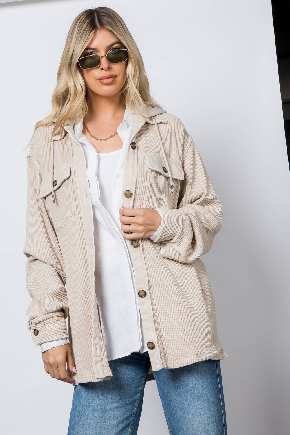 Garment Dye Heavy Waffle Knit Hoodie Shacket: Mocha / L