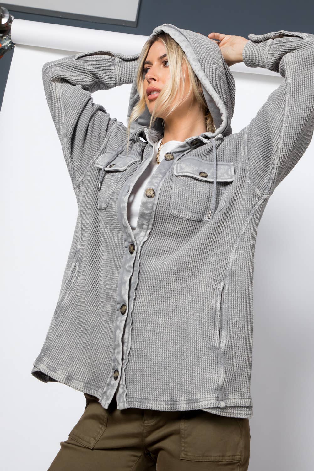 Garment Dye Heavy Waffle Knit Hoodie Shacket: Grey / XL