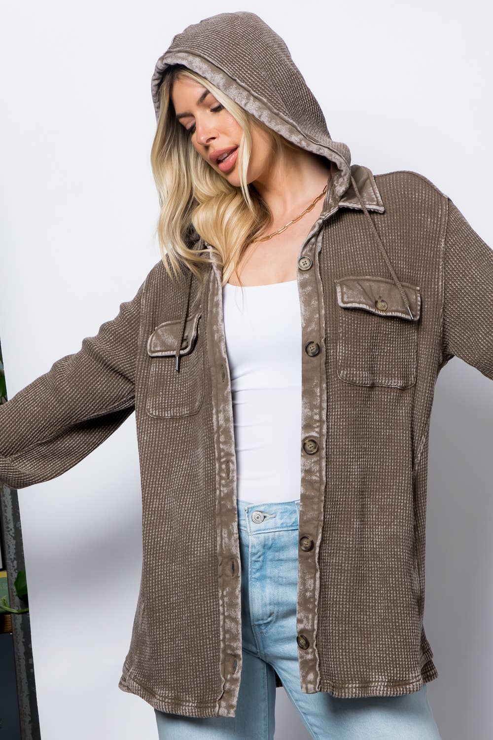 Garment Dye Heavy Waffle Knit Hoodie Shacket: Tan / M