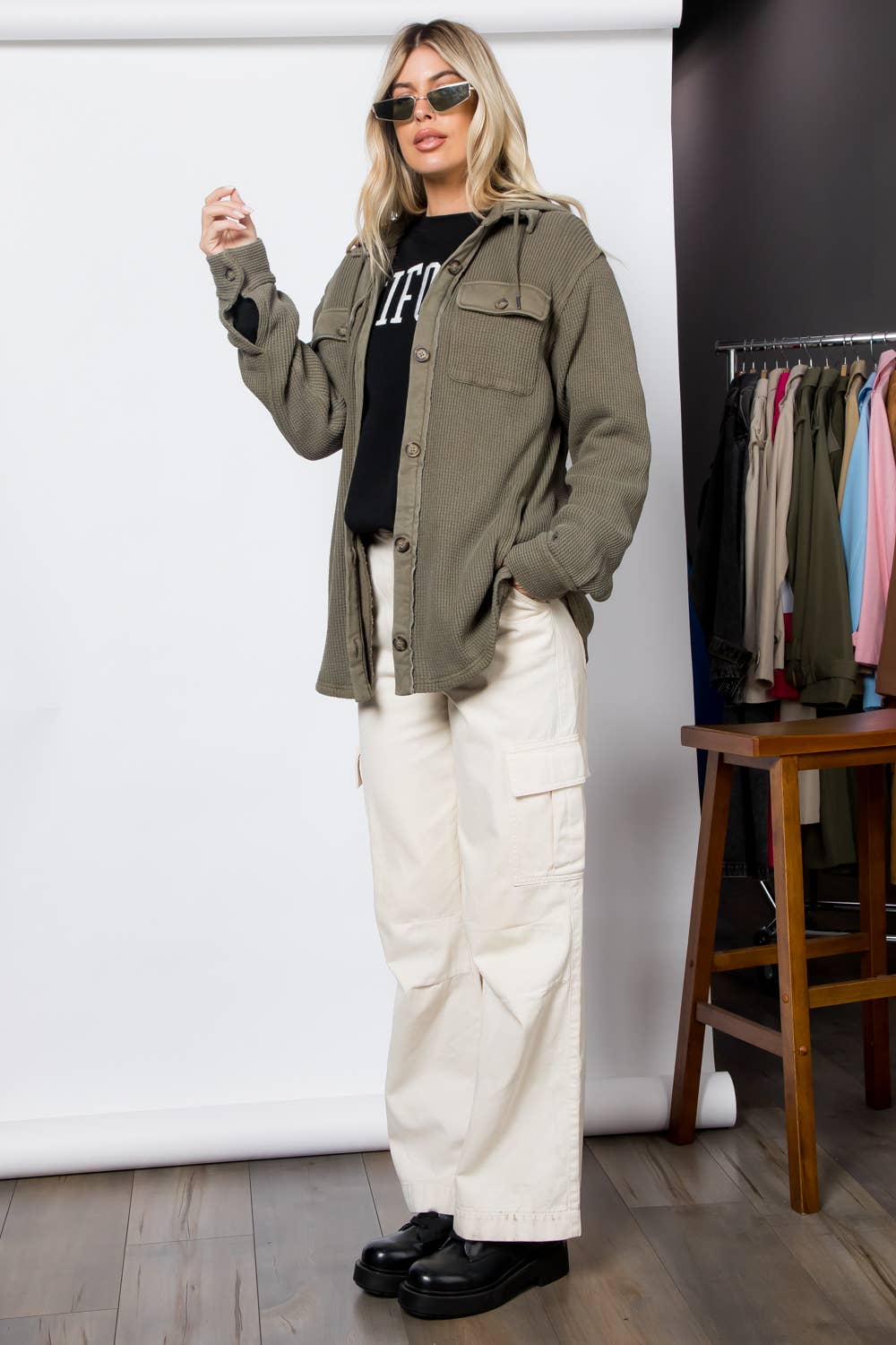 Garment Dye Heavy Waffle Knit Hoodie Shacket: Grey / L