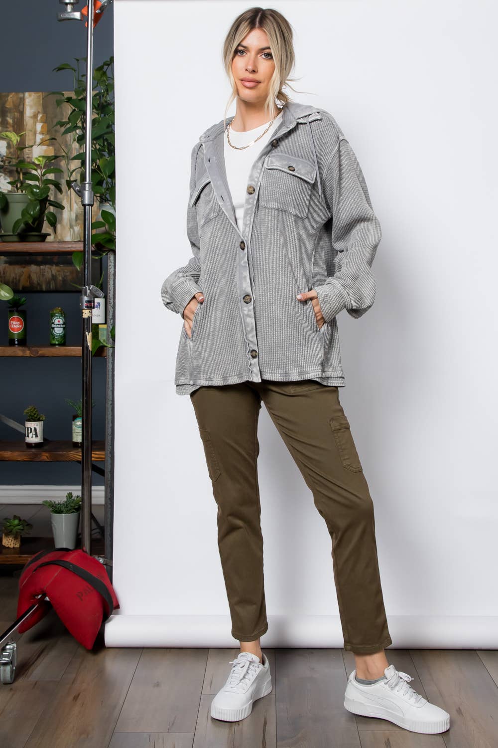 Garment Dye Heavy Waffle Knit Hoodie Shacket: Mocha / XL