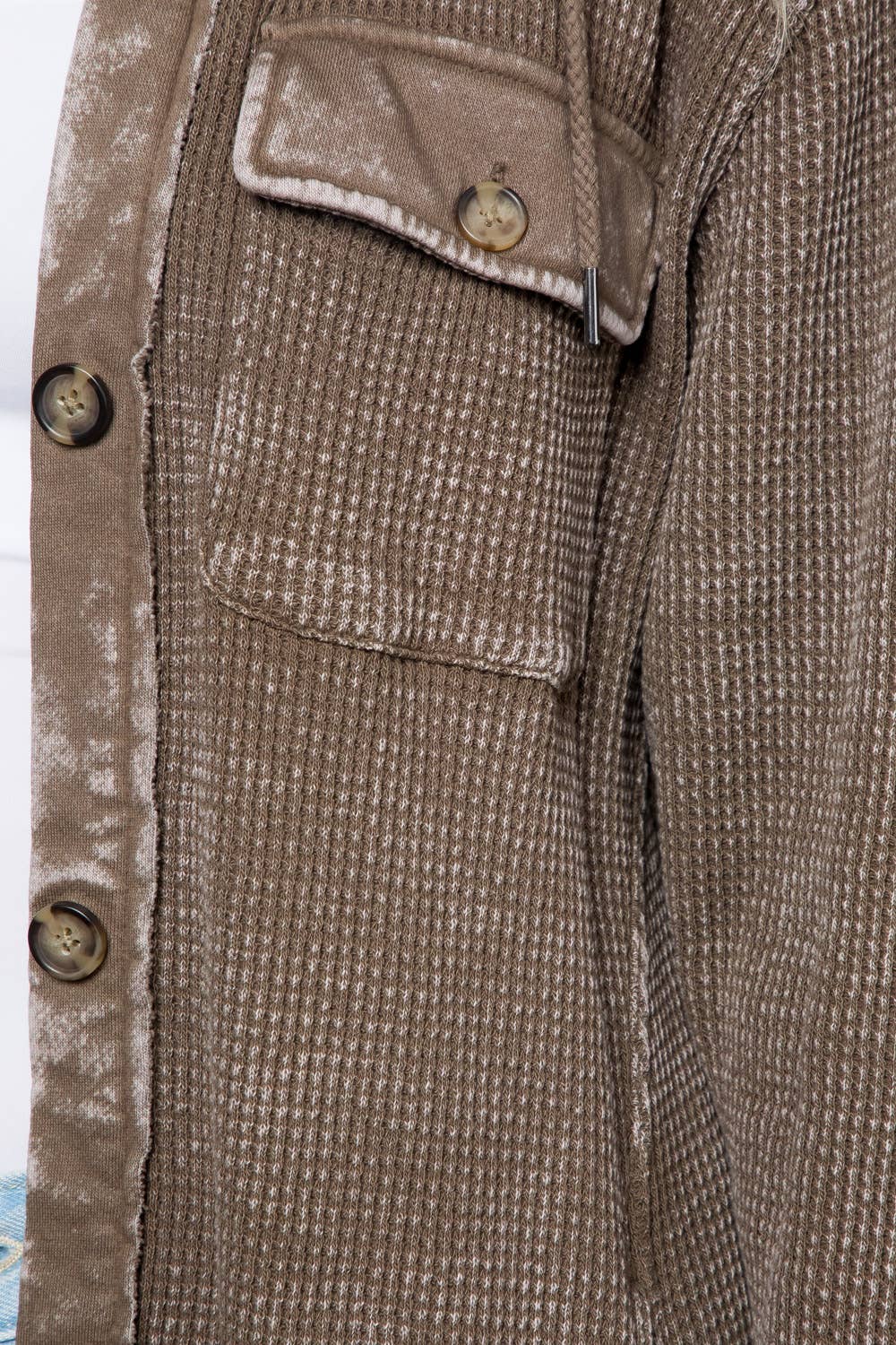 Garment Dye Heavy Waffle Knit Hoodie Shacket: Mocha / L