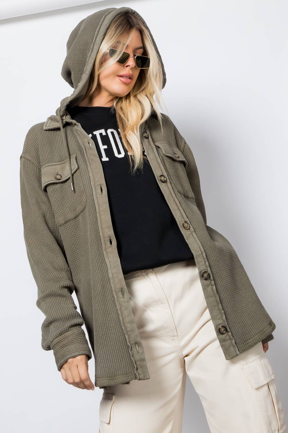 Garment Dye Heavy Waffle Knit Hoodie Shacket: Olive / L