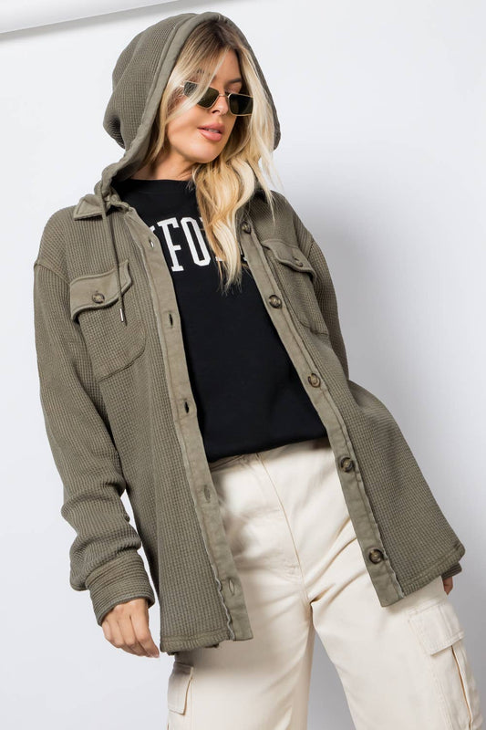 Garment Dye Heavy Waffle Knit Hoodie Shacket: Olive / XL