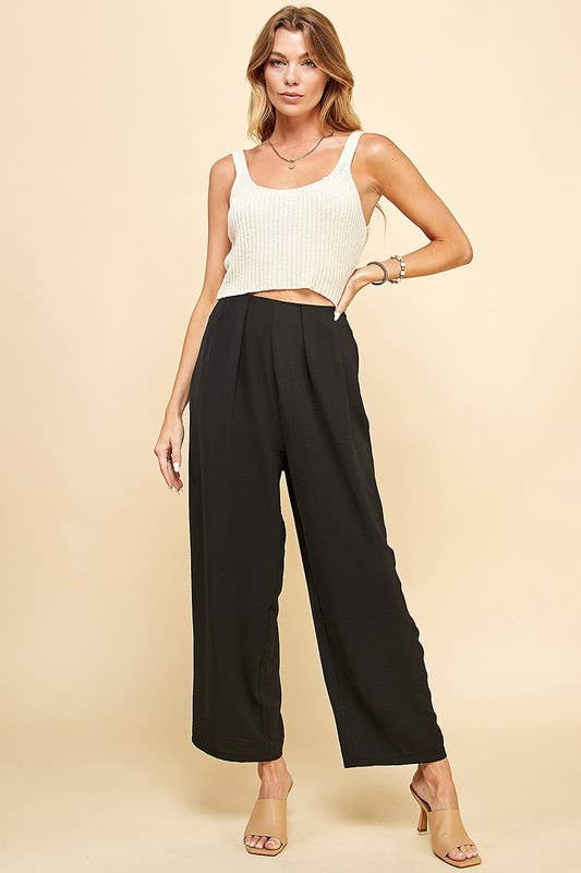 CSP9082. WOMEN STRAIGHT LEG ANKLE LENGTH TEXTURE LONG PANTS: Black / M