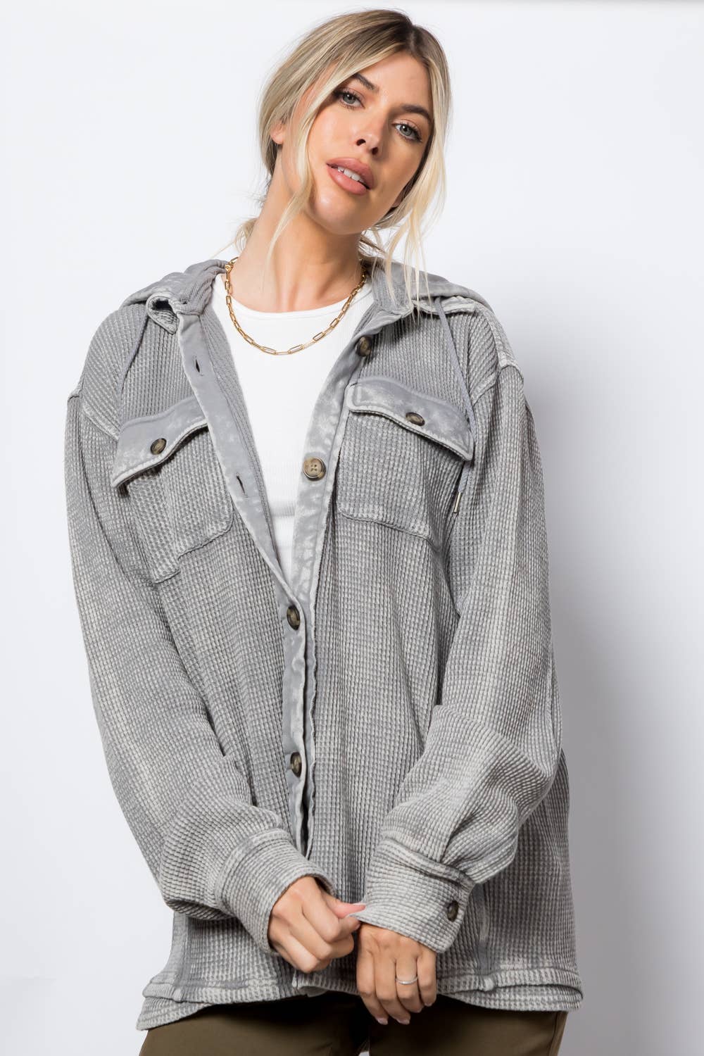 Garment Dye Heavy Waffle Knit Hoodie Shacket: Mocha / XL