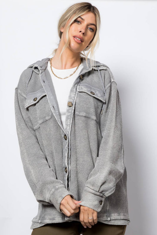 Garment Dye Heavy Waffle Knit Hoodie Shacket: Grey / L