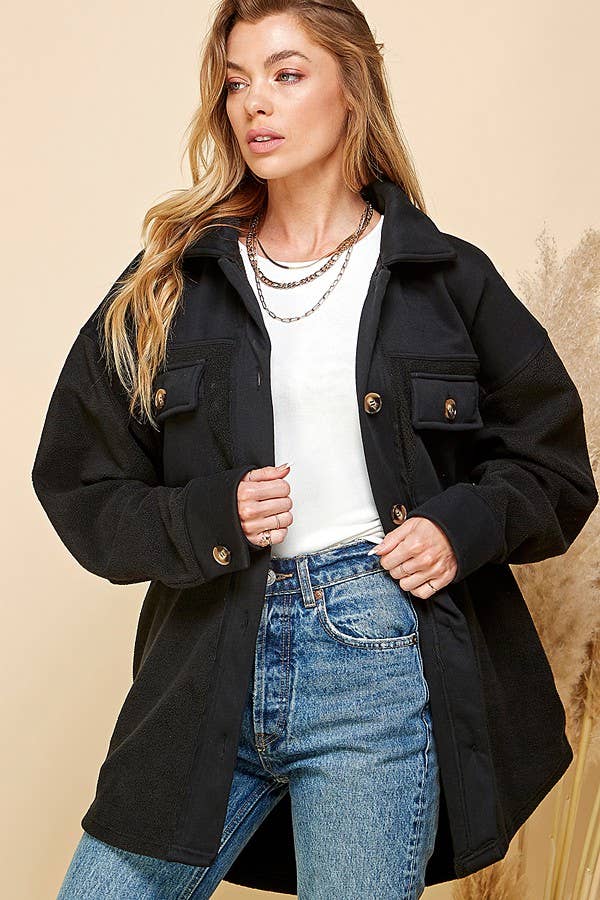 WOMEN FRONT POCKET BUTTON OVERSIZE JACKET: RUST / M