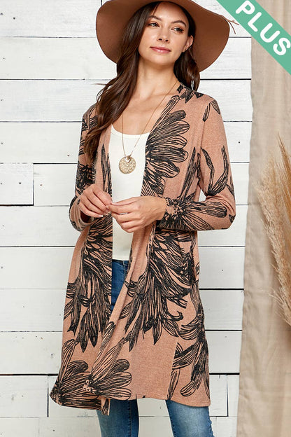 PLUS SIZE FLORAL PRINT SOFT POCKET CARDIGAN: MAUVE COMBO / 2X