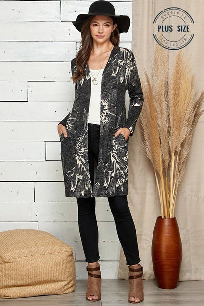 PLUS SIZE FLORAL PRINT SOFT POCKET CARDIGAN: MAUVE COMBO / 2X