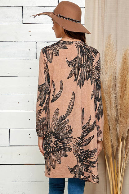 WOMEN FLORAL PRINT SOFT POCKET CARDIGAN: TAUPE COMBO / M