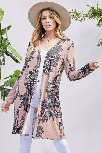 WOMEN FLORAL PRINT SOFT POCKET CARDIGAN: TAUPE COMBO / M