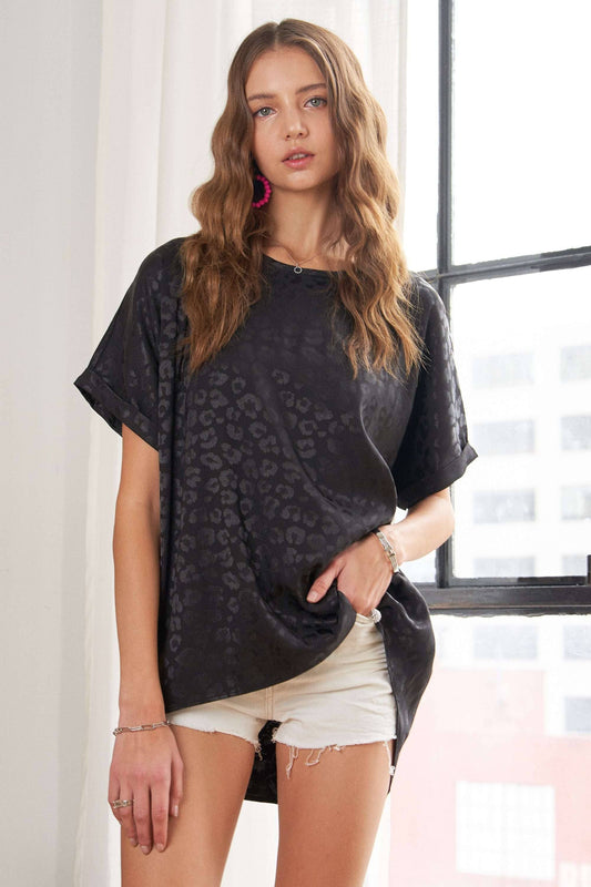 JACQUARD SATIN HI-LOW TOP: BLACK / 3XL