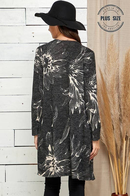 PLUS SIZE FLORAL PRINT SOFT POCKET CARDIGAN: MAUVE COMBO / 2X