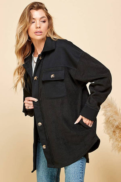 WOMEN FRONT POCKET BUTTON OVERSIZE JACKET: RUST / M