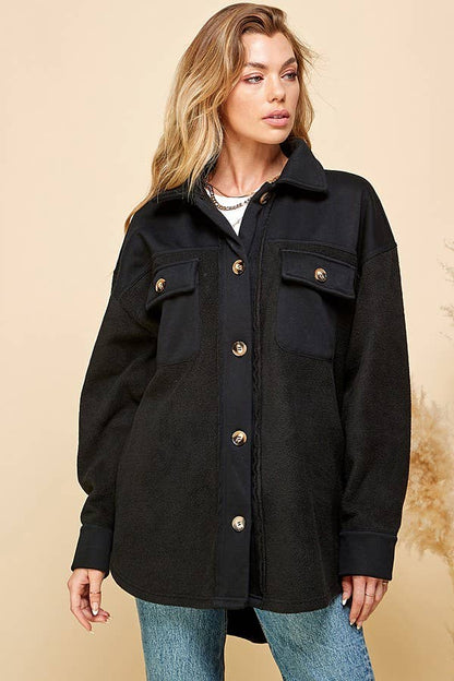 WOMEN FRONT POCKET BUTTON OVERSIZE JACKET: RUST / M
