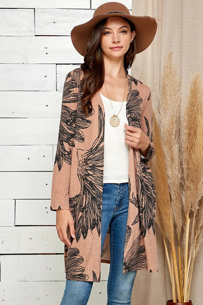WOMEN FLORAL PRINT SOFT POCKET CARDIGAN: TAUPE COMBO / M
