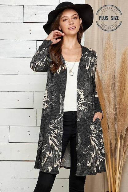 PLUS SIZE FLORAL PRINT SOFT POCKET CARDIGAN: MAUVE COMBO / 2X