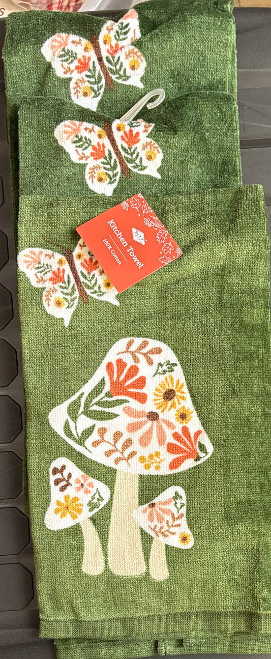 Updated- Mushrooms (Green) Kitchen Towel- $6 or 10/$50 (Mix & Match)