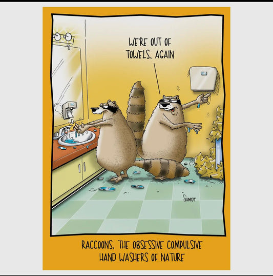 Funny Birthday Card- Frequent Hand Washing Raccoons