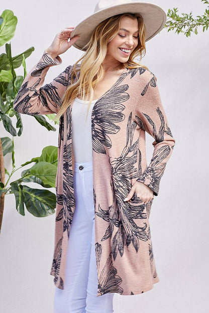 PLUS SIZE FLORAL PRINT SOFT POCKET CARDIGAN: MAUVE COMBO / 2X