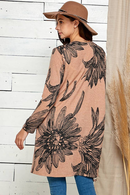 WOMEN FLORAL PRINT SOFT POCKET CARDIGAN: TAUPE COMBO / M